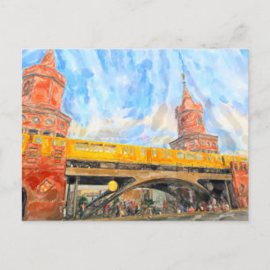 Cartão Postal Watercolor Berlin. S-Bahn no Oberbaumbrücke