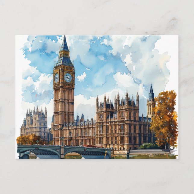 Cartão Postal Watercolor Big Ben Westminster Palace London (Frente)