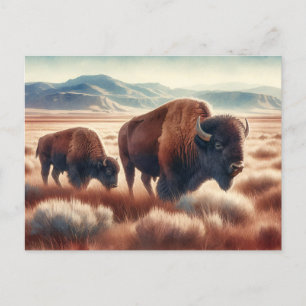 Cartão Postal Watercolor Bison nas Planícies
