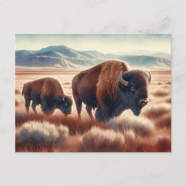Cartão Postal Watercolor Bison nas Planícies (Frente)