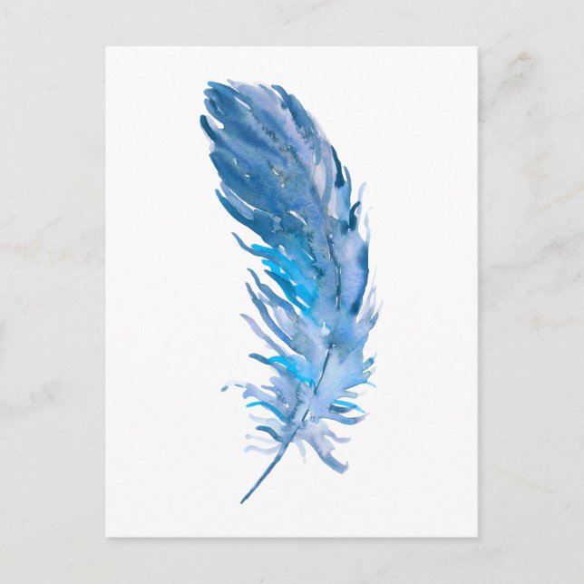 Cartão Postal Watercolor Boho Blue Feather (Frente)
