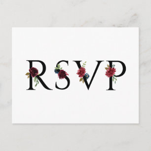 Cartão Postal Watercolor Burgundy e Blue Flowers Casamento RSVP