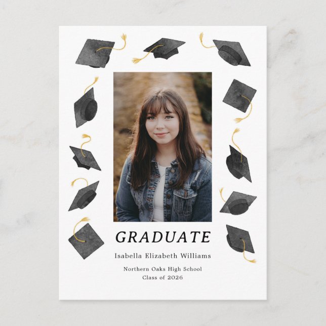 Cartão Postal Watercolor Caps Graduation Party Invitation (Frente)