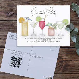 Cartão Postal Watercolor Cocktail Drinks QR Code Party Website
