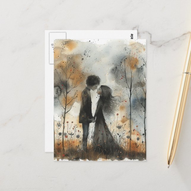 Cartão Postal Watercolor Couple in Love (Frente/Verso In Situ)