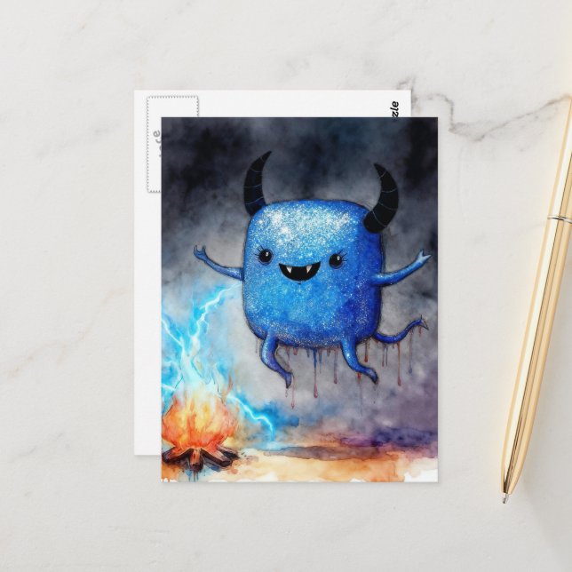 Cartão Postal Watercolor Cute Blue Monster and a Campfire (Frente/Verso In Situ)
