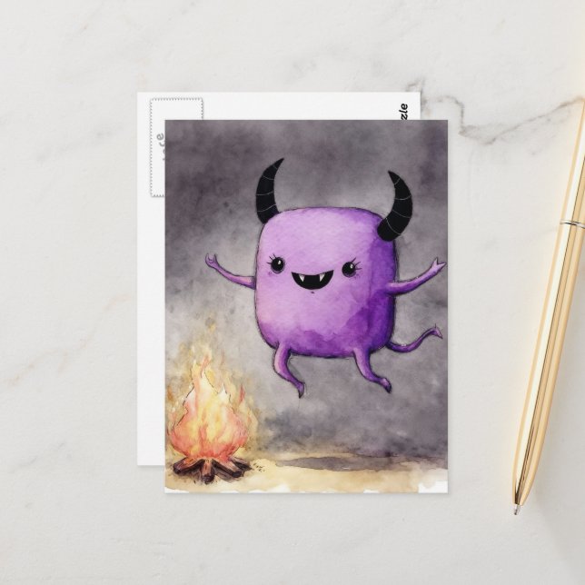 Cartão Postal Watercolor Cute Purple Monster and a Campfire (Frente/Verso In Situ)