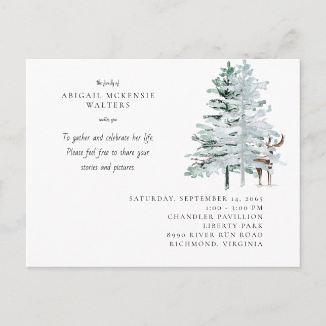 Cartão Postal Watercolor Deer Woodland Celebration of Life (Frente)
