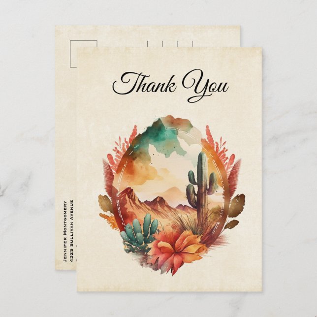 Cartão Postal Watercolor Desert Cactus e Montanhas Obrigado (Frente/Verso)