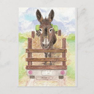 Cartão Postal Watercolor Donkey Burro Cubo Fazenda Arte Animal