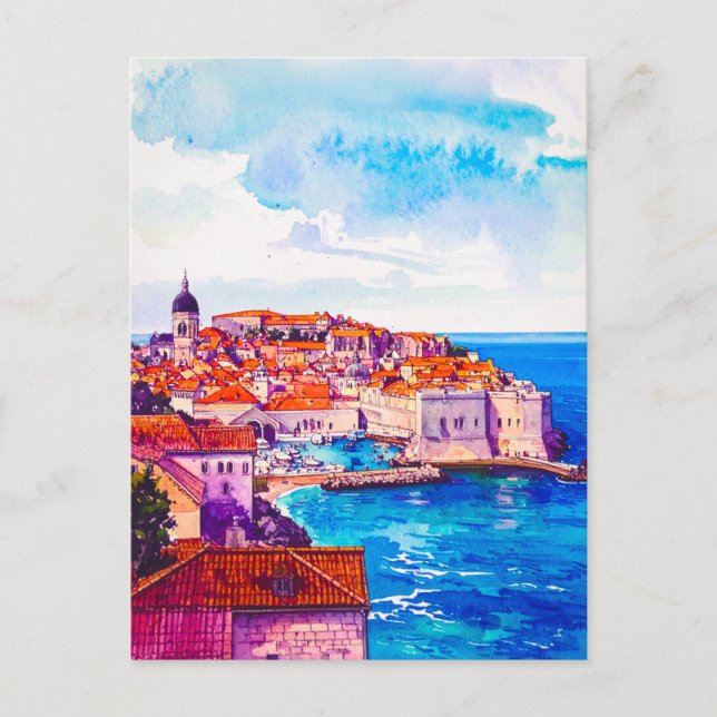 Cartão Postal Watercolor Dubrovnik Retro Old Town Viagem (Frente)