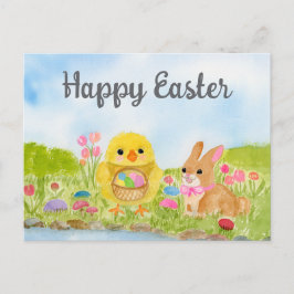 Cartão Postal  Watercolor Easter Egg Chick Easter Bunny 