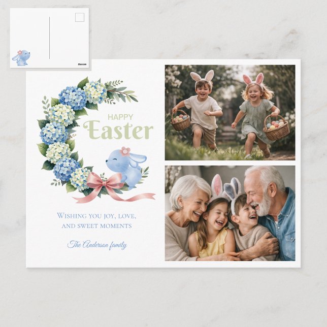 Cartão Postal Watercolor Easter Hydrangea Cute Bunny 2 Photo (Criador carregado)