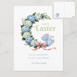Cartão Postal Watercolor Easter Hydrangea Wreath Cute Bunny