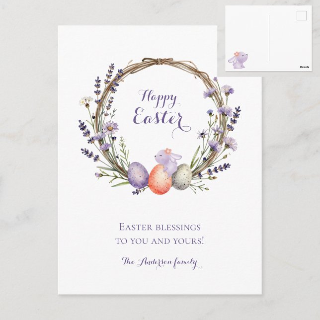 Cartão Postal Watercolor Easter Lavender Wreath Eggs Cute Bunny (Criador carregado)