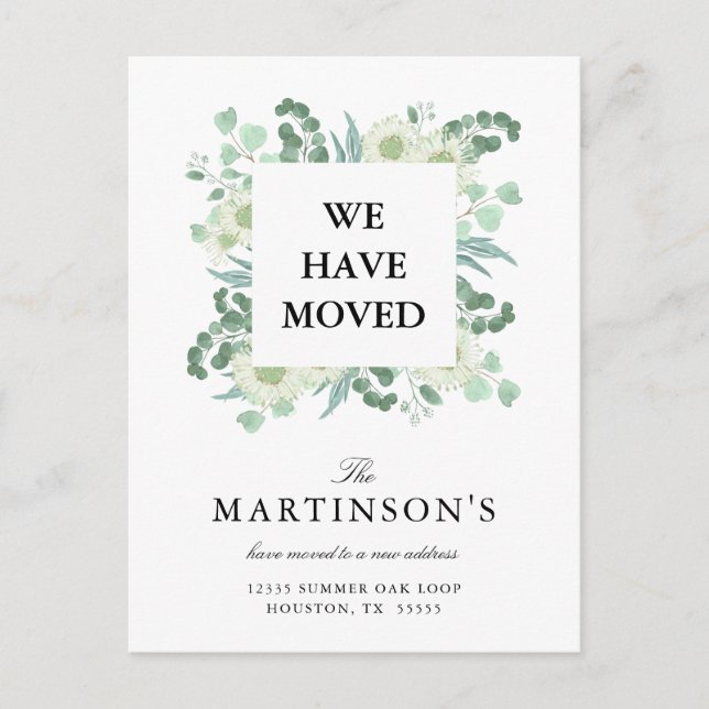 Cartão Postal Watercolor Eucalyptus Movimentamos Novo Endereço (Frente)