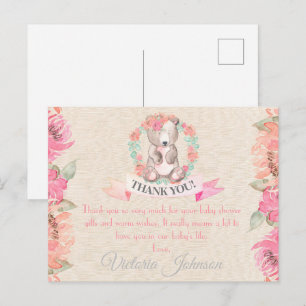 Cartão Postal Watercolor Floral Baby Bear Chá de fraldas Obriga