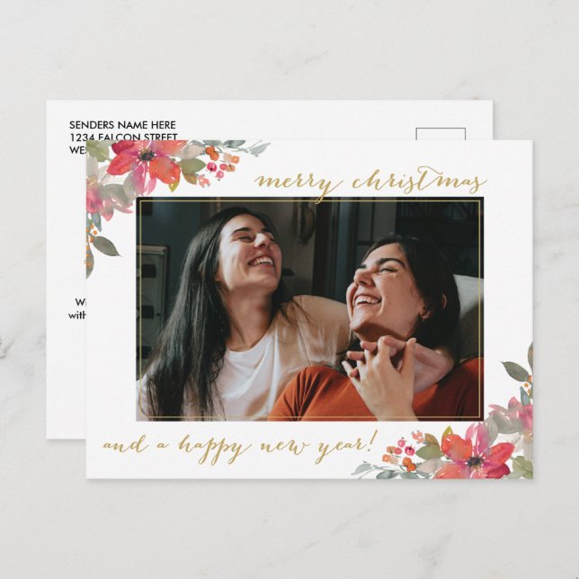 Cartão Postal Watercolor Floral Photo Christmas (Frente/Verso)