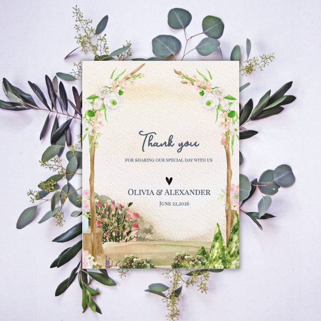 Cartão Postal Watercolor Garden Arch Romantic Wedding Thank You (Watercolor Garden Arch Wedding Thank You Card Romantic Botanical Floral Thank You Note)