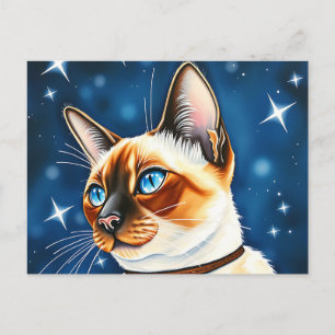 Cartão Postal Watercolor Gato Siamês Explorando uma Noite de Sta