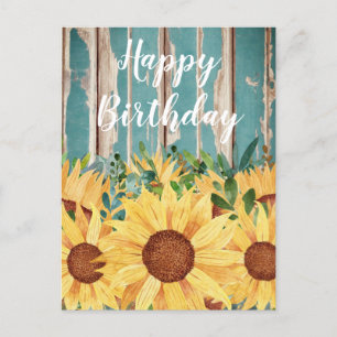 Cartão Postal Watercolor Girassol e Madeira Rústica Aniversári