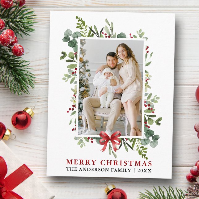 Cartão Postal Watercolor Greenery Merry Christmas Red Bow (Customize to change text size or text style.)