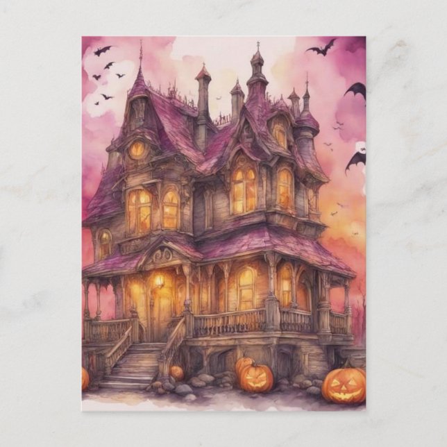 Cartão Postal Watercolor Halloween House Arte (Frente)