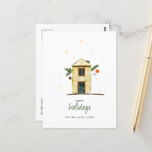 Cartão Postal Watercolor Happy Holidays House