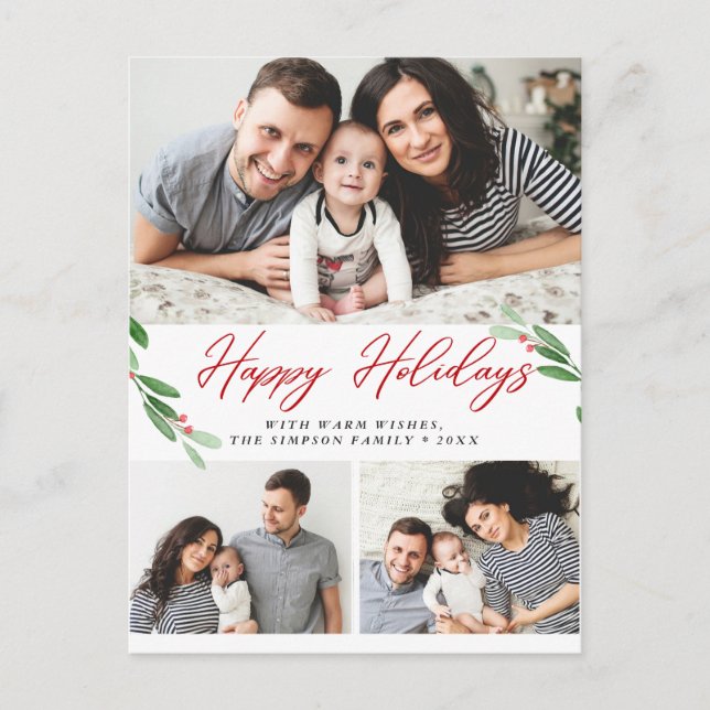 Cartão Postal Watercolor Holly Berry Christmas 3 FOTO Saudação (Frente)