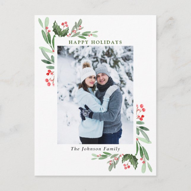 Cartão Postal Watercolor Holly Berry, foto de Natal Saudação (Frente)