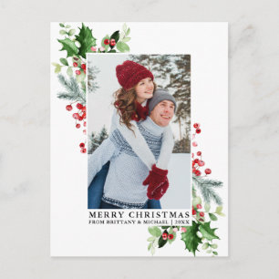 Cartão Postal Watercolor Holly Christmas Greenery Foto do Casal