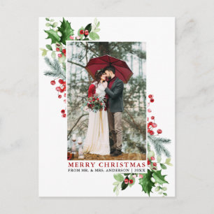 Cartão Postal Watercolor Holly Christmas Greenery Red