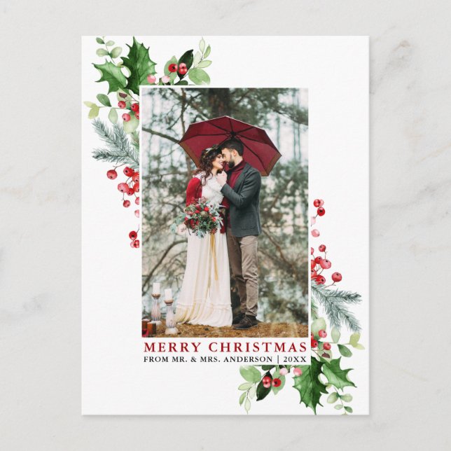 Cartão Postal Watercolor Holly Christmas Greenery Red (Frente)