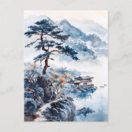 Cartão Postal Watercolor ink of Chinese landscape on a lake