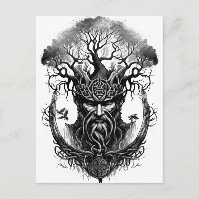 Cartão Postal Watercolor ink of northern mythology Yggdrasil (Frente)
