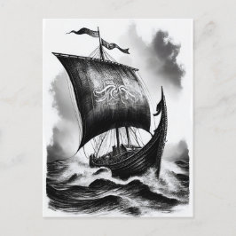Cartão Postal Watercolor ink pencil of Viking dragon ship