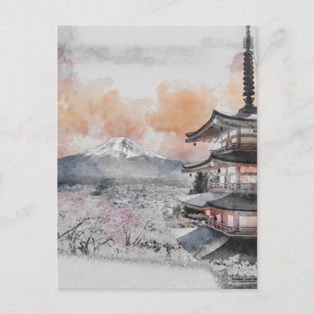 Cartão Postal Watercolor Japanese Pagoda & Mt. Fuji  (Frente)