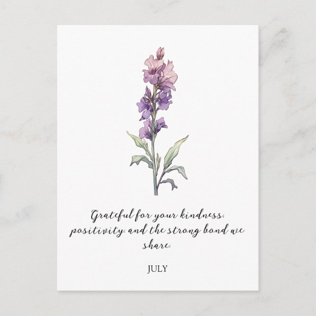 CARTÃO POSTAL WATERCOLOR JULY LARKSPUR BIRTH FLOWER  (Frente)