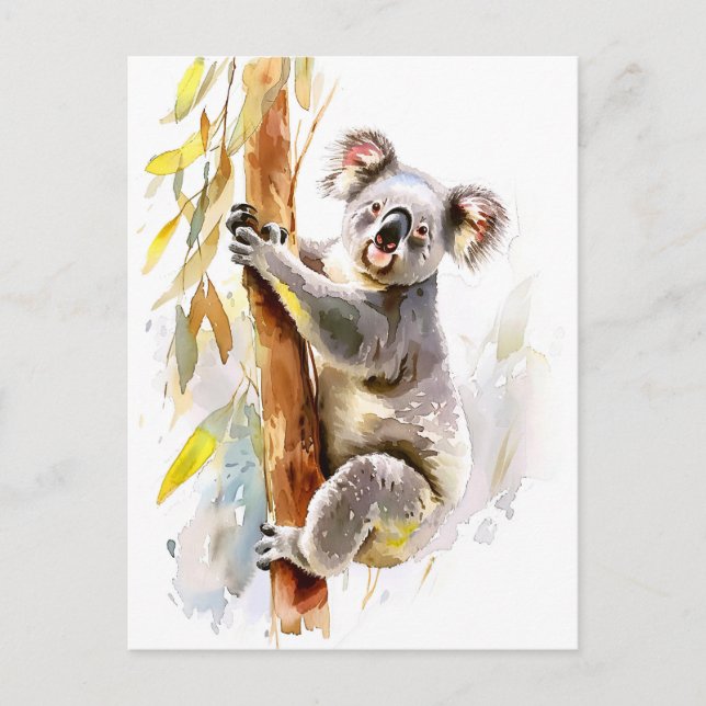 Cartão Postal Watercolor Koala Subindo Eucalyptus (Frente)