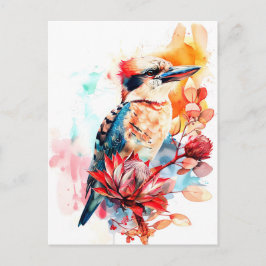 Cartão Postal Watercolor Kookaburra na Protea