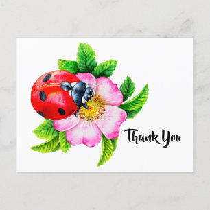 Cartão Postal Watercolor Ladybug Floral Obrigado