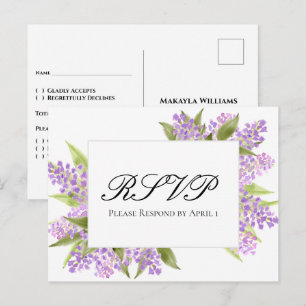 Cartão Postal Watercolor Lilacs Buquê Elegant Wedding RSVP
