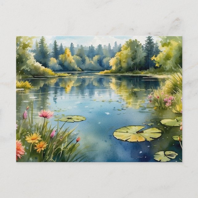 Cartão Postal Watercolor Lily Pond, Forest, Nature (Frente)