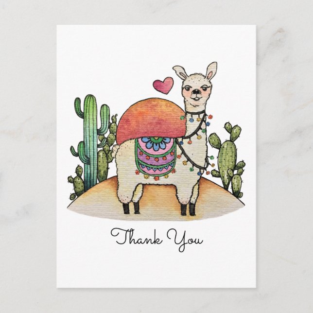 Cartão Postal Watercolor Llama Com Cactus (Frente)