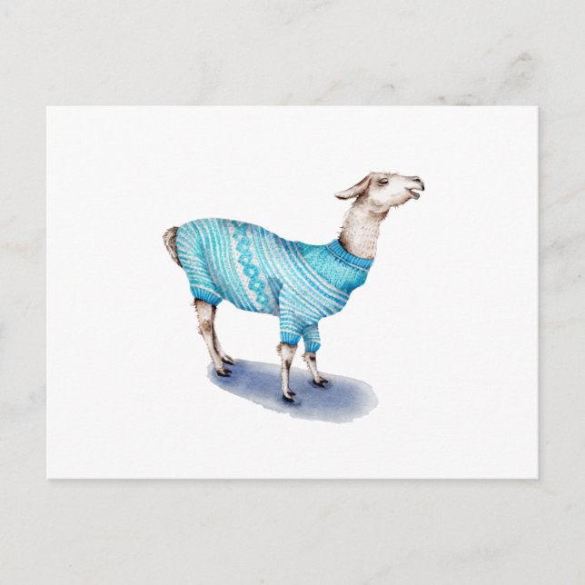 Cartão Postal Watercolor Llama em Blue Sweater (Frente)