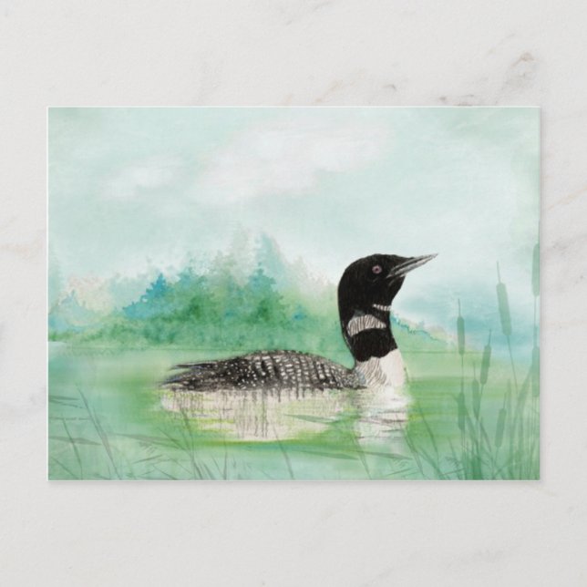 Cartão Postal Watercolor Loon Wilderness Lake Bird Nature Art (Frente)