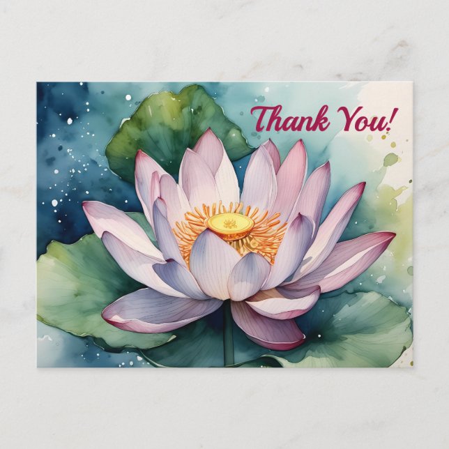 Cartão Postal Watercolor Lotus Flower Obrigado (Frente)