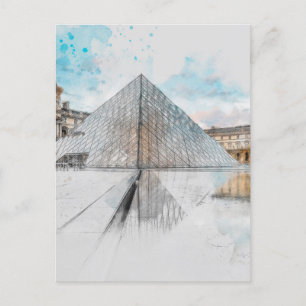Cartão Postal Watercolor Louvre Paris Postcard - Elegante França