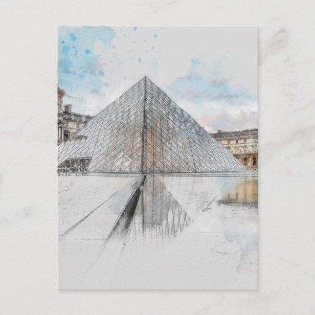 Cartão Postal Watercolor Louvre Paris Postcard - Elegante França (Frente)