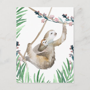 Cartão Postal Watercolor Mama e Baby Sloth